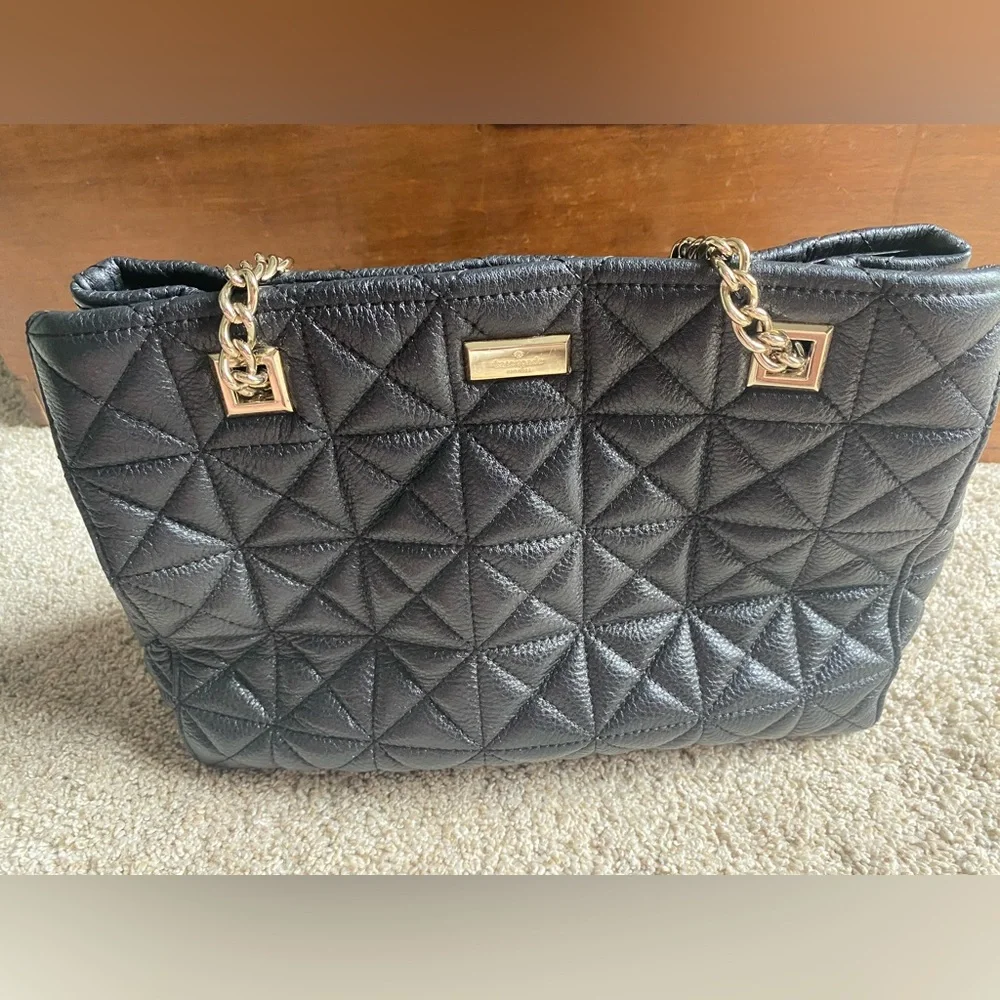 Kate Spade New York Natalia Tote Leather Handbag Black Quilted Silver Chain